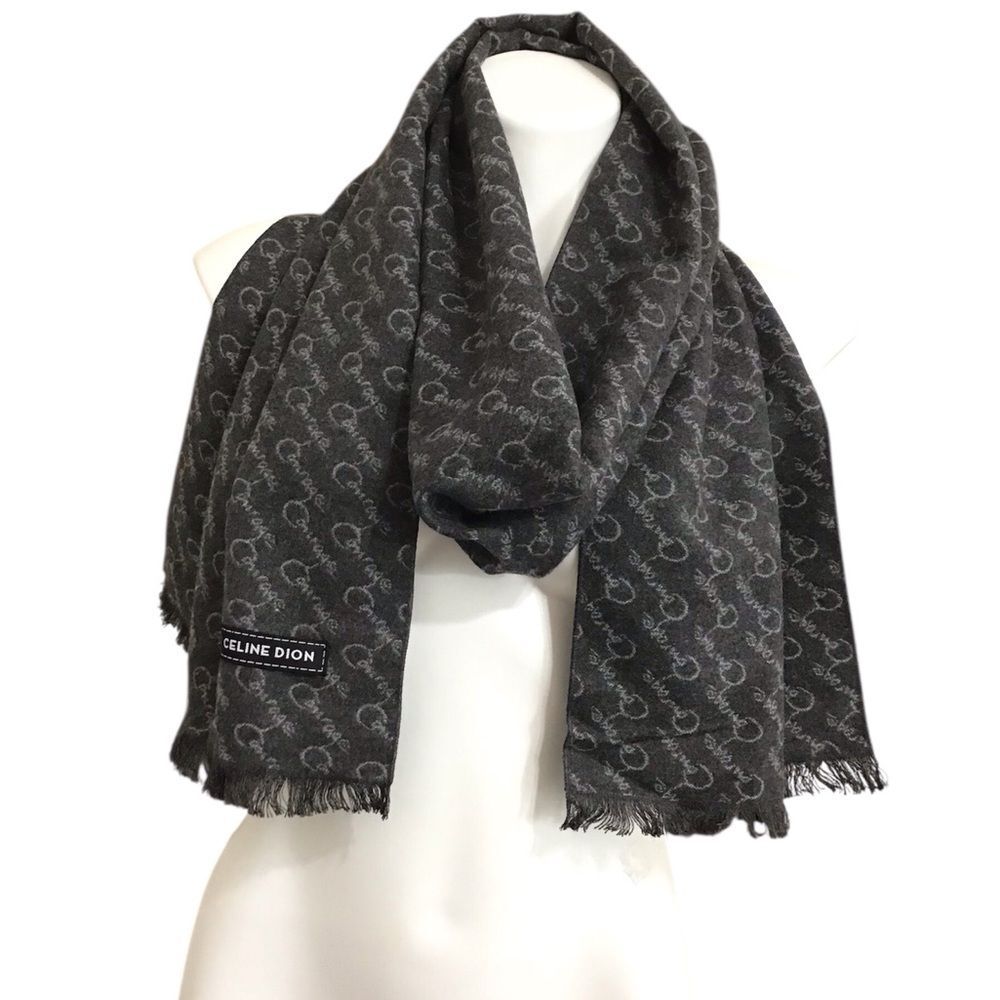 Celine Dion Dark Gray Oblong Fringe Hem Patterned Scarf